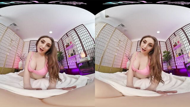 Brunette MILF in pink lingerie teases on bed in VR POV
