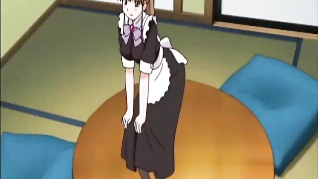 Anime nympho maid in skimpy black uniform bending over seductively
