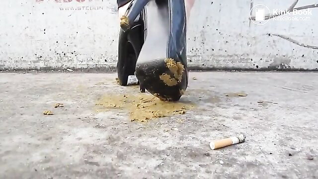 Closeup of dirty high heels smeared with fresh shit on pavement