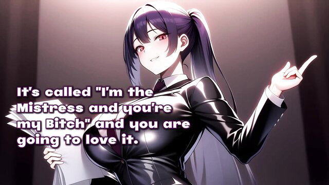 Dominant anime mistress in latex suit points commandingly, hypno JOI tease