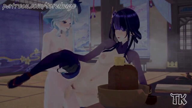 Raiden Shogun x Furina hentai teaser, nude legs spread, thigh grab