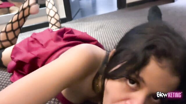 Kristalinavera shydoll Deepthroat Queen in red dress fishnet stockings blowjob tease