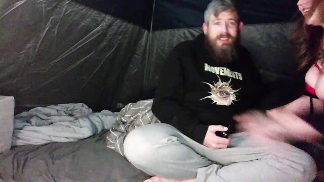 darktentdiaries couple in tent: bearded guy & busty woman in lingerie