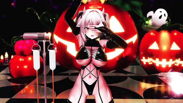 Sexy anime girl in black latex lingerie poses for inflation Halloween