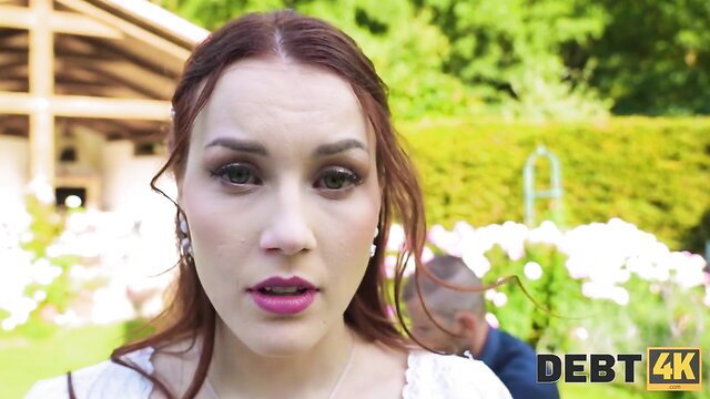 Redhead bride in white dress grabbed by shaved-head gangsta at wedding