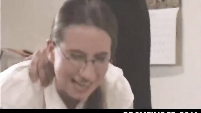 Office girl spanked and paddled at work, smiling brunette in blouse