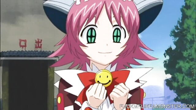 Cute pink-haired anime catgirl with green eyes holding smiley bowtie