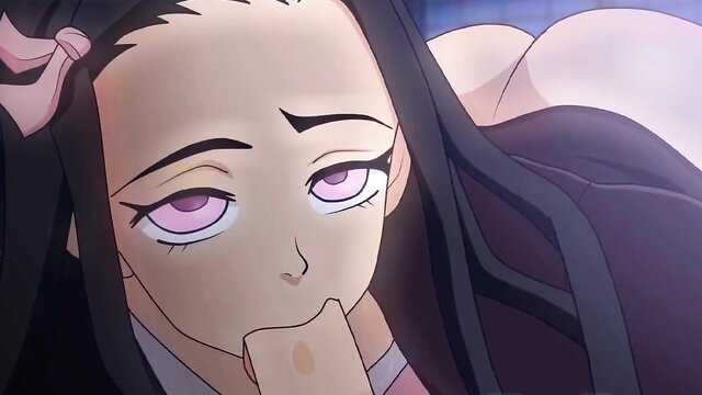 Seductive anime demon girl with purple eyes sucking finger, huge ass tease