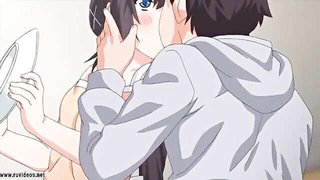 Anime hentai girl kissing guy passionately in mirror reflection