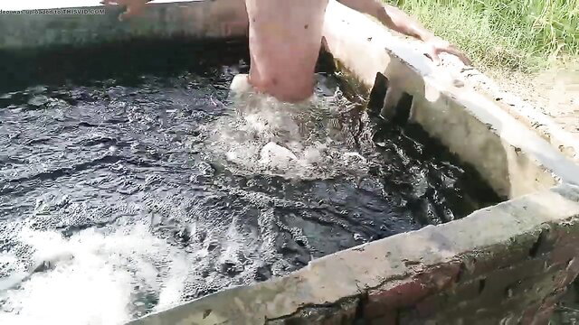 Pakistani hot guy naked bathing in outdoor tubewell pool