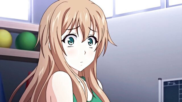 Busty blonde anime schoolgirl in green swimsuit looks surprised in gym