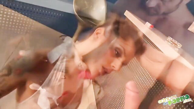 Rough blowjob closeup with cum on face and spoon in explicit HD porn