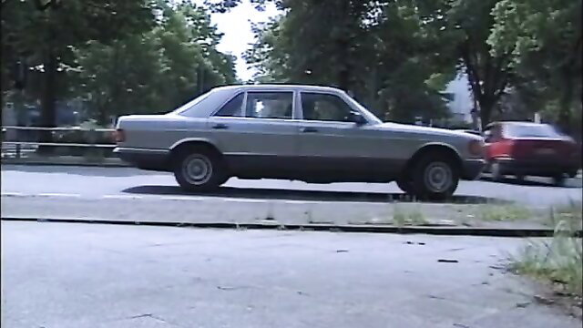 Silver Mercedes car in sunny park, German outdoor anal tease
