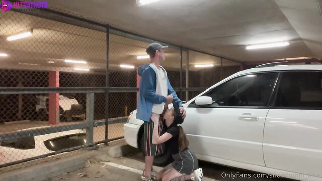 Snow Bunni kneels for risky public parking lot blowjob on OnlyFans