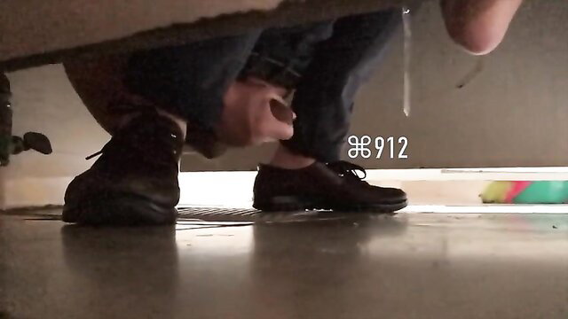 Big cock toilet spy cam closeup under stall peeking jeans bulge