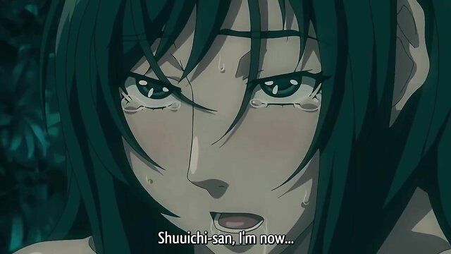 Anime hentai girl with green hair crying, calling Shuuichi-san in emotional scene