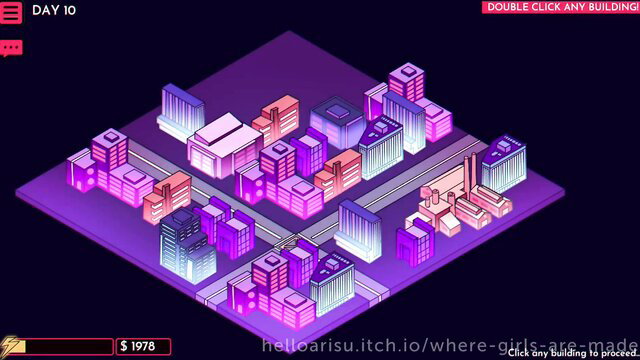 Neon cyberpunk cityscape in vibrant pink purple tones, Day 10 game screenshot