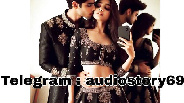 Indian couple in embroidered ethnic outfits selfie kiss, sexy midriff tease