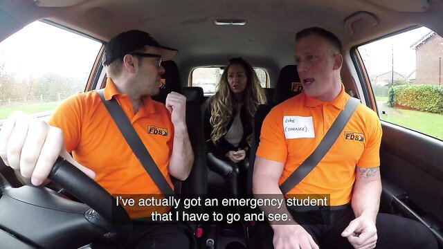 Newbie instructor chats with hot female student in steamy Fake Hub cab