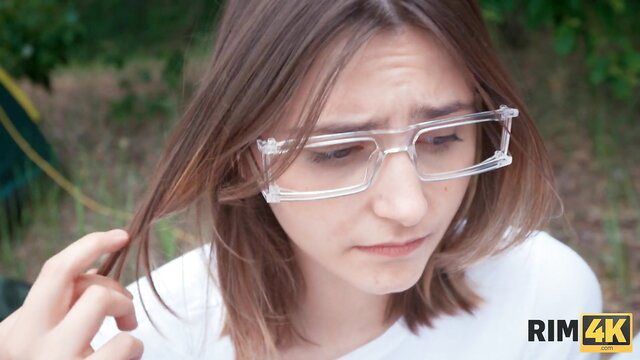 Cute Kioto in clear glasses pulls hair, passionate outdoor anal prep