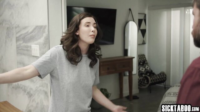 Casey Calvert in tight grey t-shirt teases guy in hot indoor scene