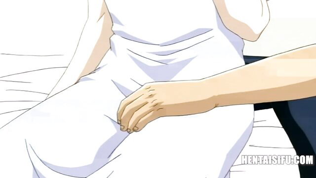 Hentai girl in white dress groped intimately by man's hand on bed