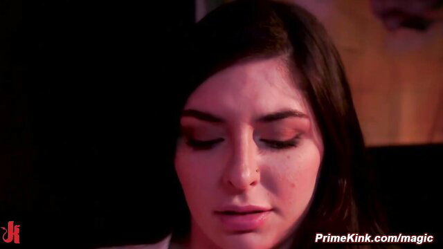 Closeup of seductive brunette stepsister with smoky eyes and glossy lips