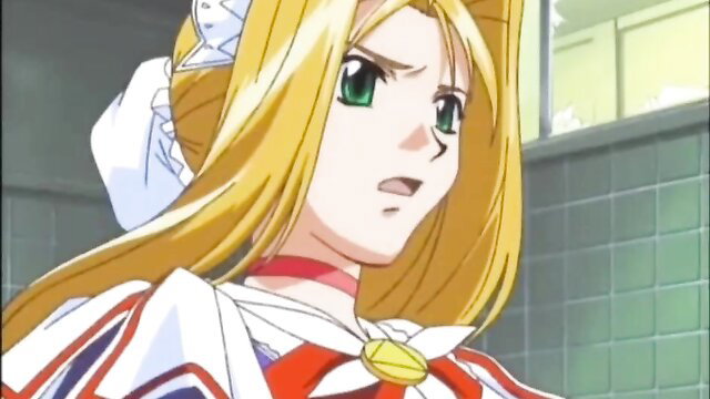Blonde anime girl in frilly maid dress, shocked expression, Queen Bee hentai scene
