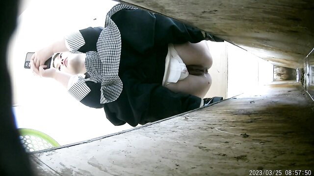 Upside-down Asian schoolgirl in panties squats in ditch toilet spy cam