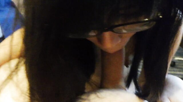 Asian nerdy teen with glasses gives deepthroat blowjob