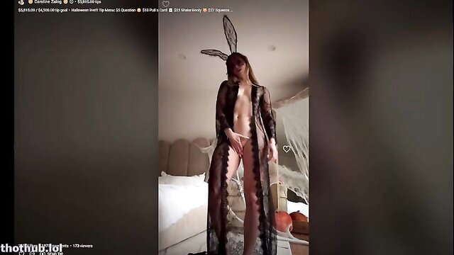 Caroline Zalog sexy Halloween bunny lingerie tease