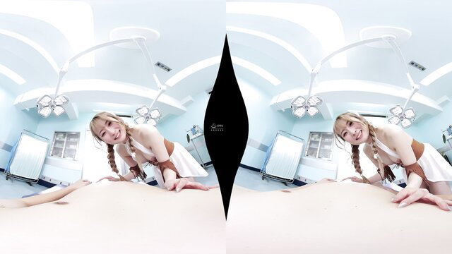 Blonde Asian JAV nurse in restraints kneels on patient POV hospital sex