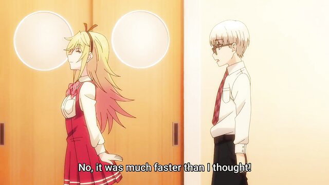 Blonde anime girl in red dress talks to white-haired boy in World's End Harem ecchi