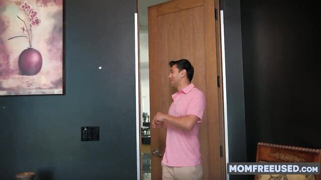 Fit handsome man in pink polo at door in stepmom relaxation porn thumbnail