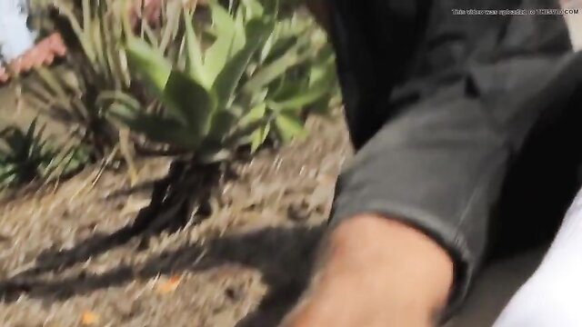 Blond skater model Xander's bare feet and legs in outdoor foot fetish scene