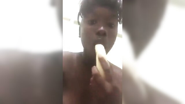 Kinky young Bajan teen nude eating banana leaked amateur pic