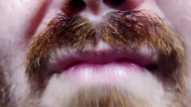 Closeup of man's thick mustache and lips in adult video thumbnail