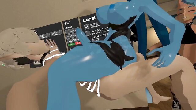 Femboy VR threesome hook-up with blue latex girl and blonde femboy
