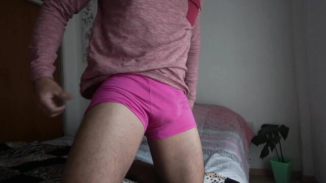 Retired military man flashing bulge in tight pink briefs
