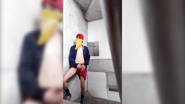 Masked amateur guy in red speedo masturbates on stairs