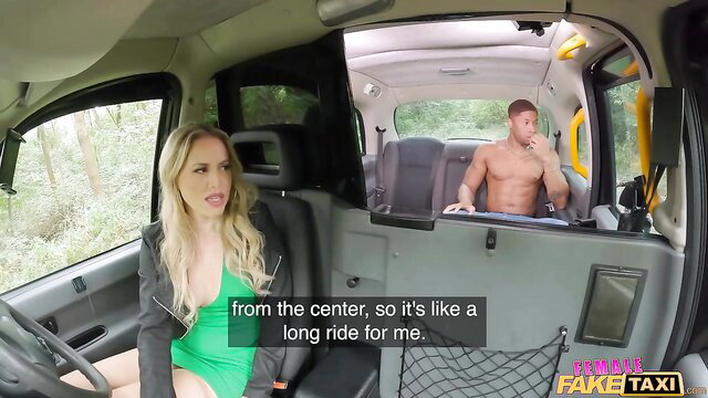 Blonde babe in green dress rides BBC in Fake Taxi interracial fuck