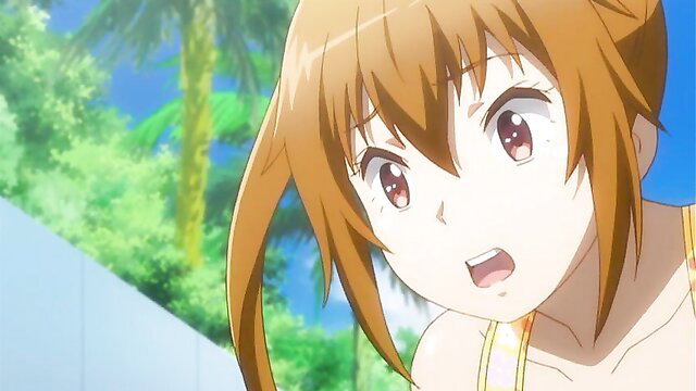 Cute anime girl with orange hair in yellow bikini at beach, surprised expression