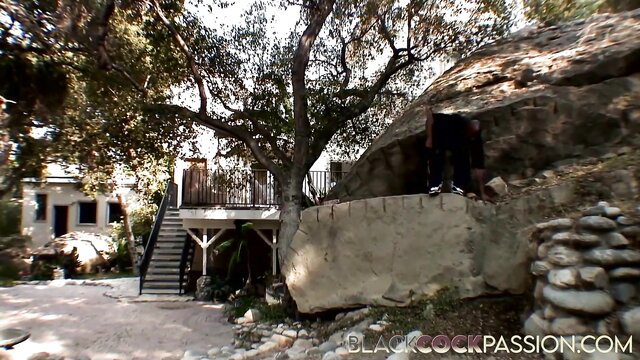 Mellanie Monroe outdoors by rock with big tree balcony backdrop