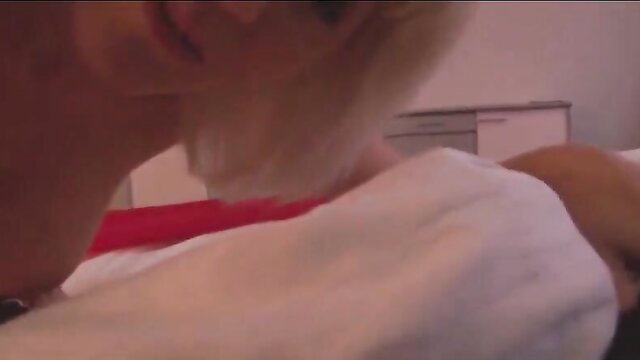 Blonde British MILF in white sheet teases son with sex appeal