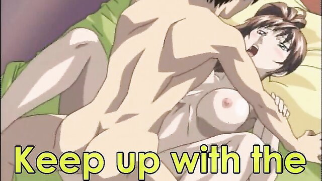 Anime hentai couple in missionary sex, girl with huge tits and short brown hair