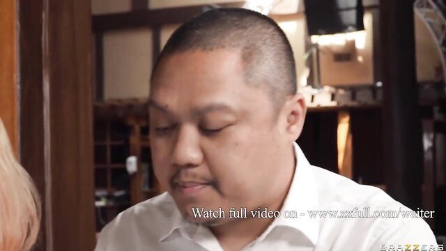 Nina Kayy blonde big tits with bald waiter in Brazzers scene