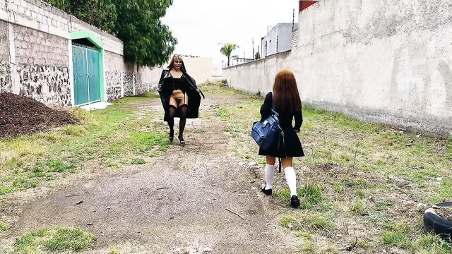 Trans in lingerie chases schoolgirl in alley for lesbian sex