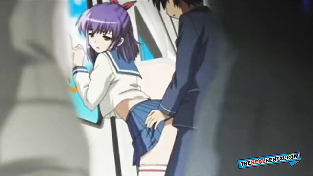 Hentai schoolgirl groped on train by guy, skirt up ass grab