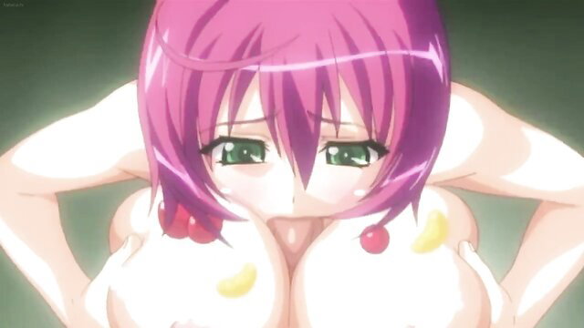 Pink-haired hentai babe with massive tits and green eyes in uncensored JAV closeup