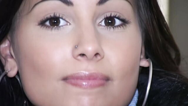 18yo Czech babe closeup face with glossy lips, big hoops, nose piercing